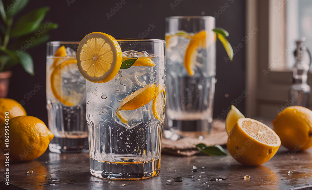Poster three glasses of water with lemon slices in them