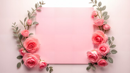 A Vibrant Oil Painting Featuring Lush Roses and Eucalyptus with a Central Pink Square Surrounded by Striking Red Flowers
