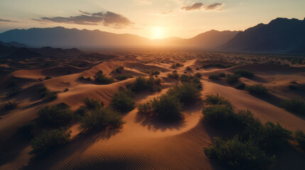 Aerial view of intricate desert dunes, their ridges and valleys sharply outlined by the golden...