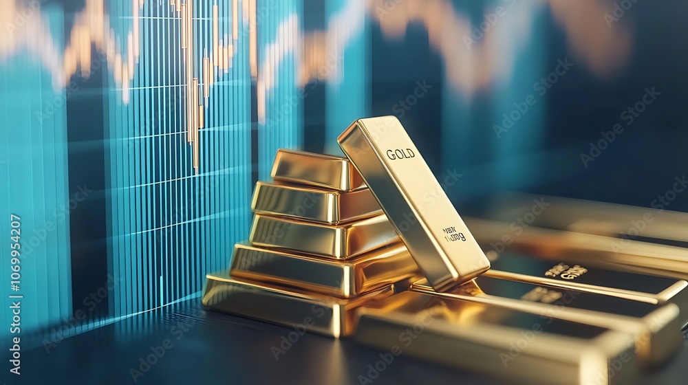 Poster a stack of gold bars is on a table next to a graph