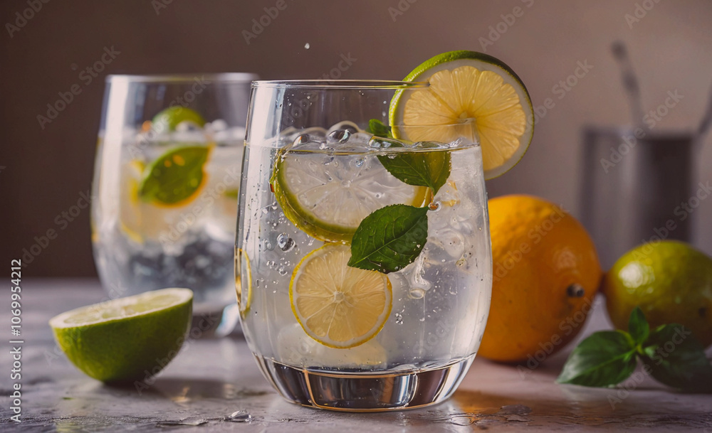 Poster glass of water with a lime wedge in it