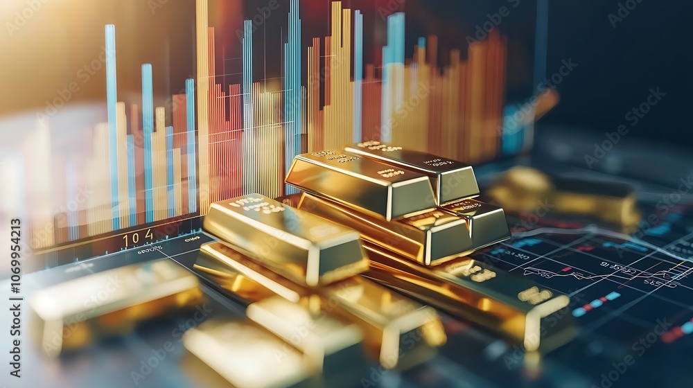 Poster A stack of gold bars is on a graph with a red line going through it