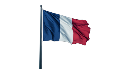 Waving French flag on a flagpole, isolated or white background