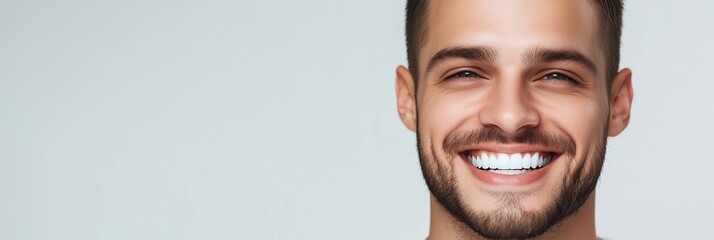 A cheerful man smiling brightly, showcasing his white teeth after a professional whitening treatment, perfect for promoting dental care, cosmetic dentistry, and oral hygiene products
