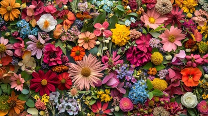Artfully arranged wildflowers and plants form a captivating flat lay, ready to enhance greeting cards or serve as a stunning floral backdrop.