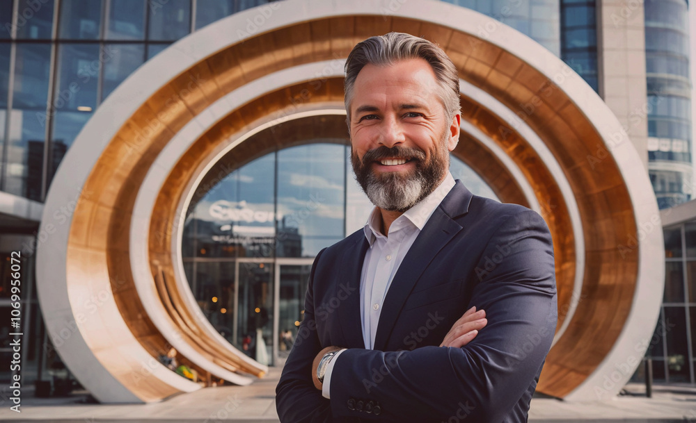 Poster Man in a suit is standing in front of a building