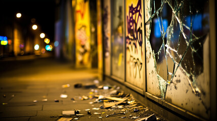  City street at night with broken windows and graffiti on walls, symbolizing urban violence and the impact of social issues on community environments. 