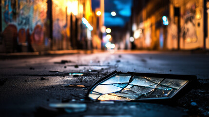  City street at night with broken windows and graffiti on walls, symbolizing urban violence and the impact of social issues on community environments. 