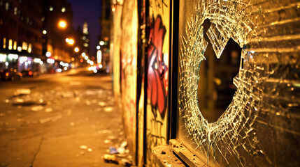  City street at night with broken windows and graffiti on walls, symbolizing urban violence and the impact of social issues on community environments. 