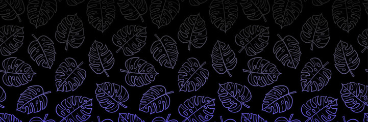 Dark blue on black monstera banner, gradient leaf print, neon summer cover, seamless pattern border, horizontal vector background design