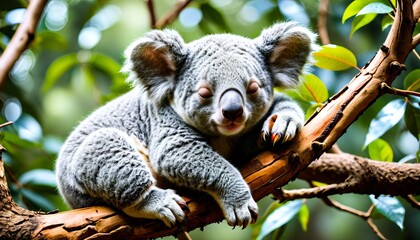 Fototapeta premium Adorable koala sleeping peacefully on tree branch in lush forest setting