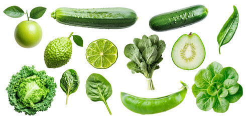 Set of Green fruits and vegetables various types with cucumber, lime, cabbage and other isolated on background, healthy organic food selection.