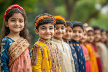 Happy Indian children in national dress on Children's Day celebration in India, Bal Divas. Poster, card, banner for visual images related to culture, traditions and festivals