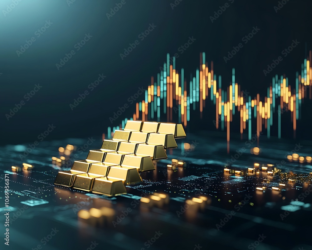 Poster a stack of gold bars is shown on a computer screen with a graph of stock prices