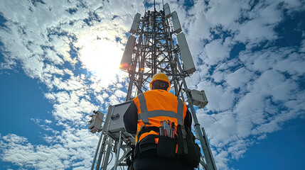 field technician inspecting cell tower under bright sky. technician wears safety vest and helmet, showcasing professional approach to telecommunications