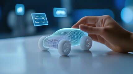 The future of transportation with a person holding a holographic car model in hand