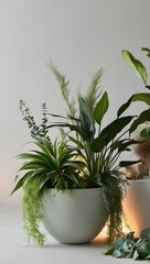 A serene and minimalist composition featuring a lush arrangement of fresh plants with varying shades of green, from soft moss and sage to deep emerald and lime, set against a clean.