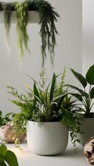 A serene and minimalist composition featuring a lush arrangement of fresh plants with varying shades of green, from soft moss and sage to deep emerald and lime, set against a clean.
