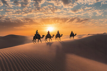 Camel caravan crossing desert sand dunes at sunset golden light silhouettes adventure travel tourism journey nomadic lifestyle nature scenic landscape traditional culture

