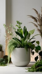 A serene and minimalist composition featuring a lush arrangement of fresh plants with varying shades of green, from soft moss and sage to deep emerald and lime, set against a clean and neutral backgro