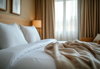 Fototapeta premium modern hotel room featuring light wood furniture and beige tones, creating warm and inviting atmosphere. soft bedding and natural light enhance cozy feel