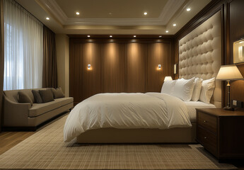 modern hotel room featuring light wood and beige tones, with spacious layout, elegant furnishings, and soft lighting creating cozy atmosphere