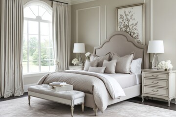 Fototapeta premium Elegant classic bedroom with arched window and neutral tones
