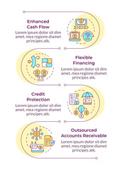 Benefits of factoring infographic vertical sequence. Improve liquidity. Adaptable funding solutions. Visualization infochart with 4 steps.Circles workflow. Montserrat SemiBold, Lato Regular fonts used