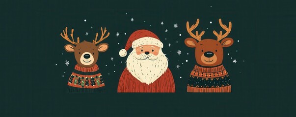 Fototapeta premium Minimalist illustration of Santa Claus and reindeer in festive sweaters on a dark background