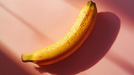 ripe banana with vibrant yellow color rests on soft pink background, casting gentle shadow. This captures essence of freshness and simplicity