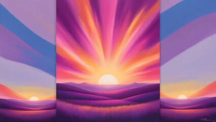 A serene landscape depicting a breathtaking sunset with a kaleidoscope of warm hues, predominantly featuring vibrant shades of purple and pink that gradually dissolve into soft oranges and yellows, se