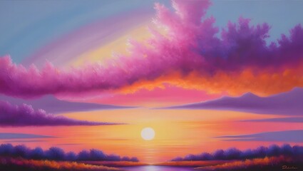 A serene landscape depicting a breathtaking sunset with a kaleidoscope of warm hues, predominantly featuring vibrant shades of purple and pink that gradually dissolve into soft oranges and yellows, se