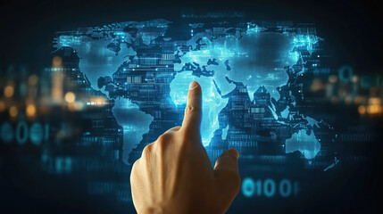 Obraz premium Hand pointing to the world map hologram with internet data connected to the global network.