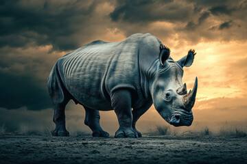 Fototapeta premium Majestic rhino stands against a dramatic sunset sky, emphasizing its strength and natural beauty in a serene landscape.