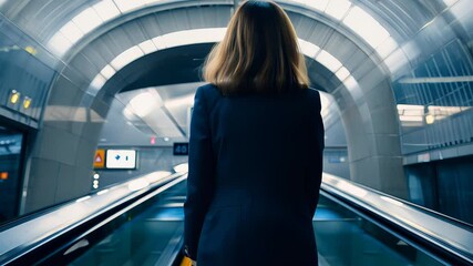 Businesswoman gracefully ascending an escalator in a bustling metro station