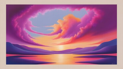 A serene landscape depicting a breathtaking sunset with a kaleidoscope of warm hues, predominantly featuring vibrant shades of purple and pink that gradually dissolve into soft oranges and yellows, se