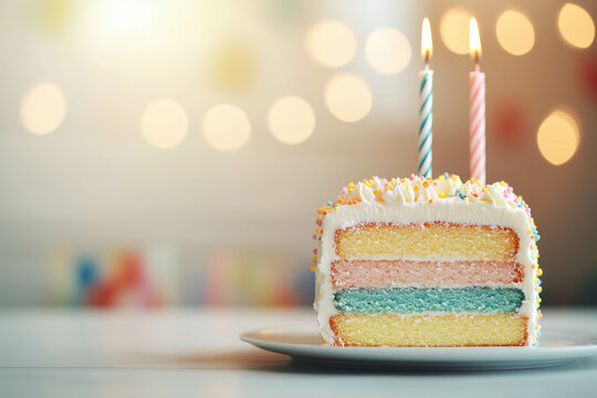 A slide of pastel birthday cake with copy space and bokeh background.