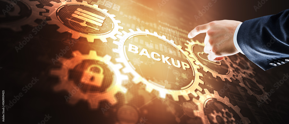 Aufkleber backup storage data technology business concept. software hardware infrastructure