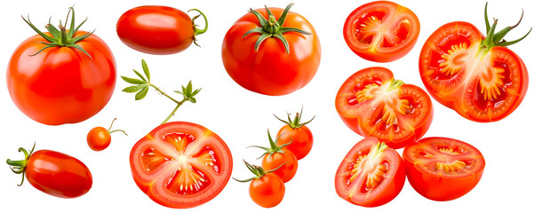 Fototapeta premium Tomato Variety Pack: A vibrant collection of fresh, ripe tomatoes in various sizes and cuts, showcasing the versatility of this popular ingredient. 