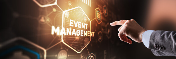 Businessman pressing on virtual screen and selecting Event Management