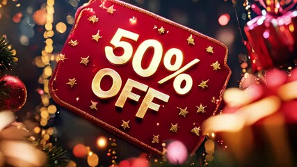 Red sign with letters 50% off surrounded by gold confetti