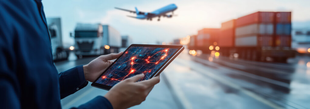 Bussinessman at shipping port using smart tablet for logistic with world map hologram data network.