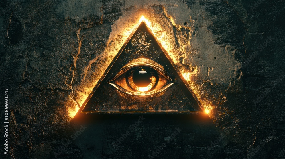 Poster a stylized triangular design featuring an all-seeing eye with metallic elements and glowing edges,