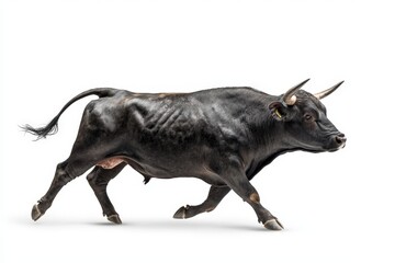 Fototapeta premium angry black bull running - side view isolated on white background