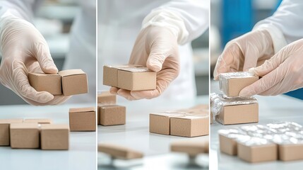 Closeup of hands packing sample products for quality check, emphasizing sourcing standards