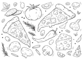Cute set of pizza, Italian cuisine, slice of pizza, pizza box, satisfied cook. Pizza lover. Doodle style. Hand drawn. Great for menu design, banners, sites, packaging.