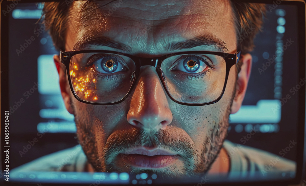 Poster Man with glasses is staring at a computer screen