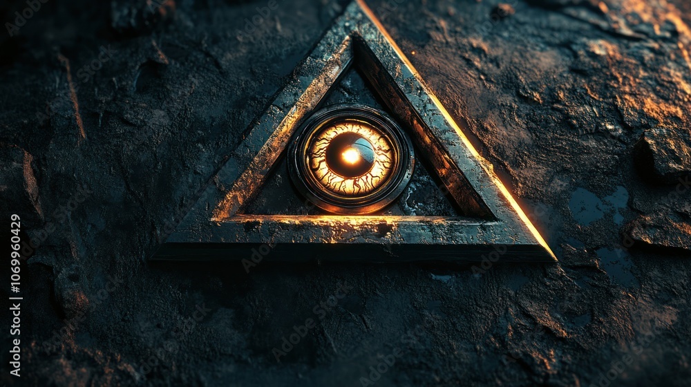 Poster a stylized triangular design featuring an all-seeing eye with metallic elements and glowing edges,