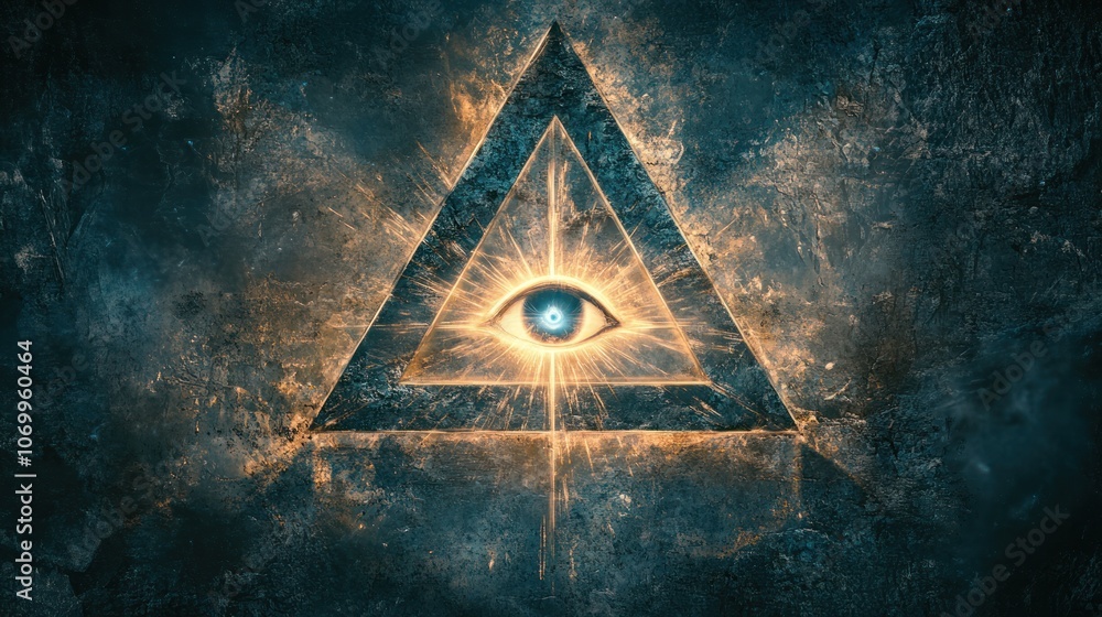 Poster a stylized triangular design featuring an all-seeing eye with metallic elements and glowing edges,