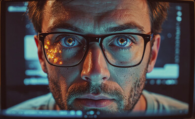 Man with glasses is staring at a computer screen